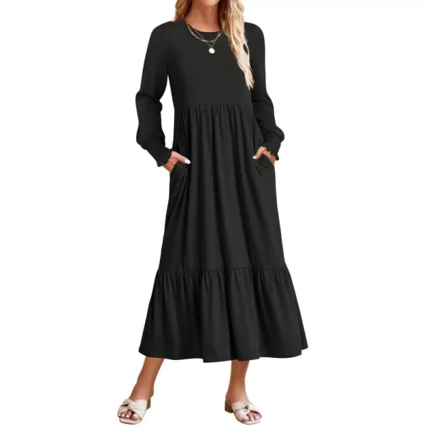 imageZESICA Womens 2024 Fall Long Sleeve Dress Crewneck Casual Loose Pleated Tiered Swing Midi Dresses with PocketsBlack