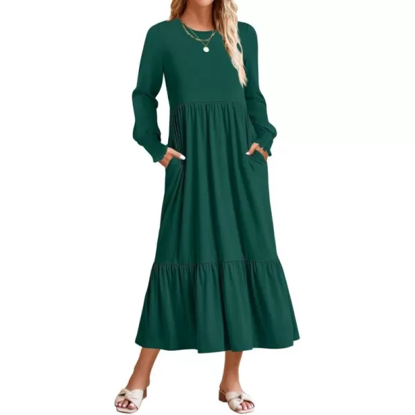 imageZESICA Womens 2024 Fall Long Sleeve Dress Crewneck Casual Loose Pleated Tiered Swing Midi Dresses with PocketsDarkgreen