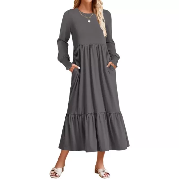 imageZESICA Womens 2024 Fall Long Sleeve Dress Crewneck Casual Loose Pleated Tiered Swing Midi Dresses with PocketsDarkgrey