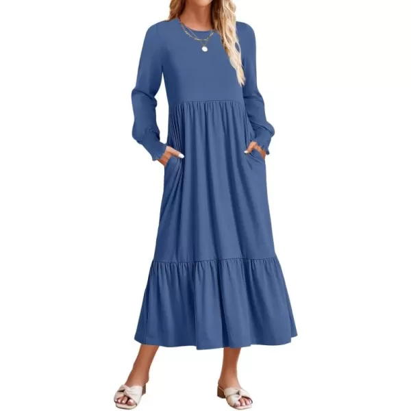 imageZESICA Womens 2024 Fall Long Sleeve Dress Crewneck Casual Loose Pleated Tiered Swing Midi Dresses with PocketsDustyblue
