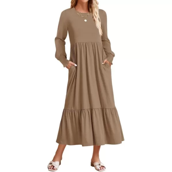 imageZESICA Womens 2024 Fall Long Sleeve Dress Crewneck Casual Loose Pleated Tiered Swing Midi Dresses with PocketsKhaki
