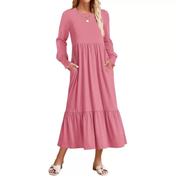 imageZESICA Womens 2024 Fall Long Sleeve Dress Crewneck Casual Loose Pleated Tiered Swing Midi Dresses with PocketsPink