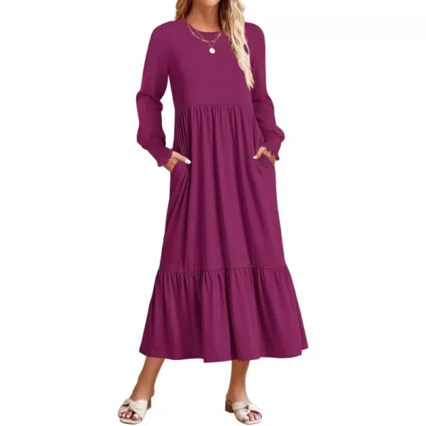 imageZESICA Womens 2024 Fall Long Sleeve Dress Crewneck Casual Loose Pleated Tiered Swing Midi Dresses with PocketsPlum
