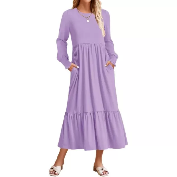 imageZESICA Womens 2024 Fall Long Sleeve Dress Crewneck Casual Loose Pleated Tiered Swing Midi Dresses with PocketsPurple