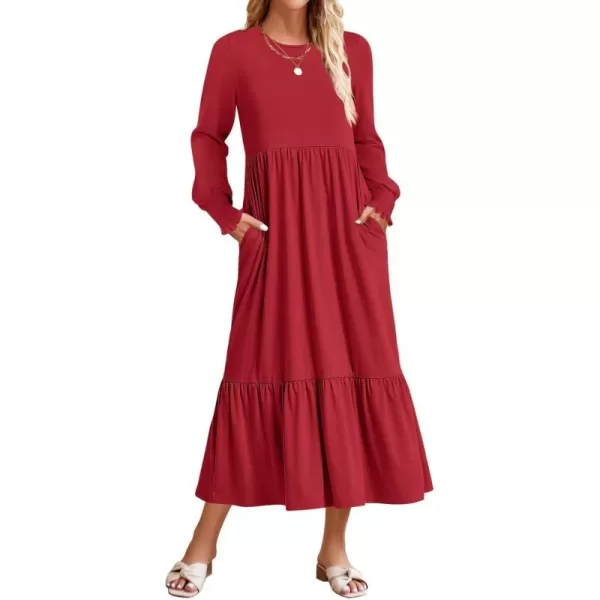imageZESICA Womens 2024 Fall Long Sleeve Dress Crewneck Casual Loose Pleated Tiered Swing Midi Dresses with PocketsRed