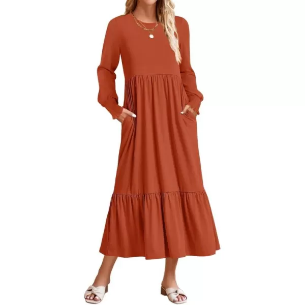 imageZESICA Womens 2024 Fall Long Sleeve Dress Crewneck Casual Loose Pleated Tiered Swing Midi Dresses with PocketsRust