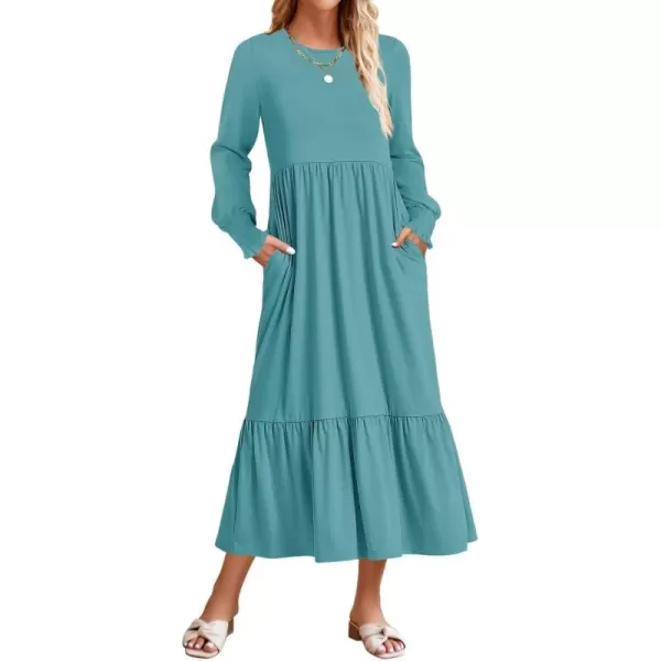 imageZESICA Womens 2024 Fall Long Sleeve Dress Crewneck Casual Loose Pleated Tiered Swing Midi Dresses with PocketsSage