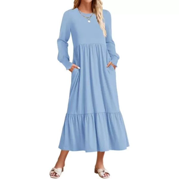 imageZESICA Womens 2024 Fall Long Sleeve Dress Crewneck Casual Loose Pleated Tiered Swing Midi Dresses with PocketsSky