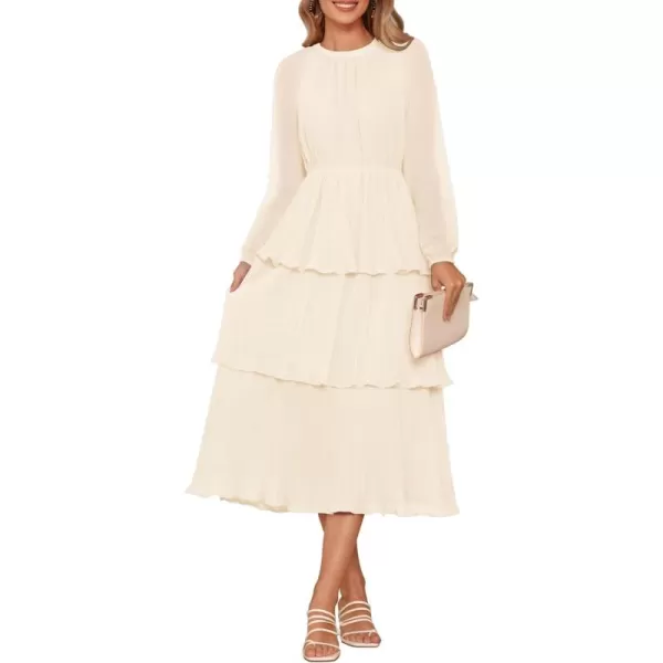 imageZESICA Womens 2024 Long Sleeve Crew Neck Ruffle Tiered Layered Chiffon Flowy Swing Long Midi DressApricot