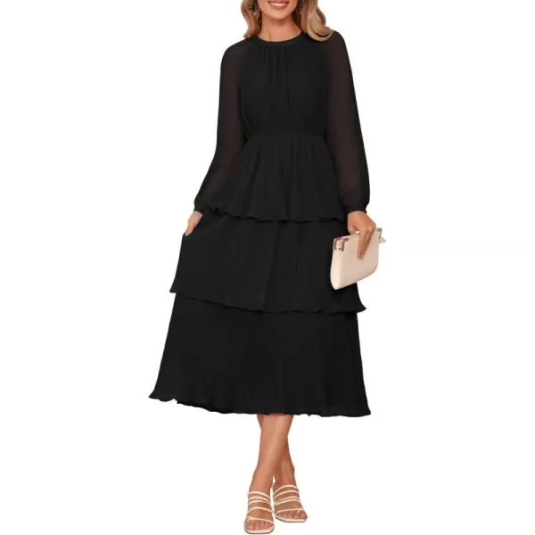 imageZESICA Womens 2024 Long Sleeve Crew Neck Ruffle Tiered Layered Chiffon Flowy Swing Long Midi DressBlack