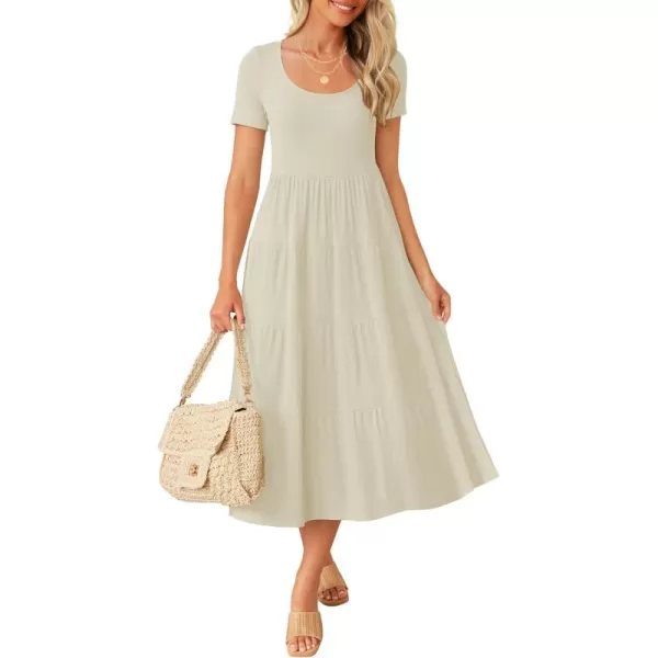 imageZESICA Womens 2024 Summer Casual T Shirt Dress Short Sleeve Scoop Neck Flowy Tiered Beach Midi Dresses with PocketsApricot