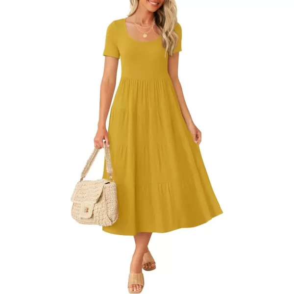 imageZESICA Womens 2024 Summer Casual T Shirt Dress Short Sleeve Scoop Neck Flowy Tiered Beach Midi Dresses with PocketsMustard
