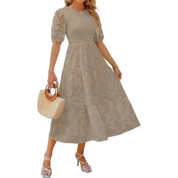 imageZESICA Womens 2024 Summer Short Puff Sleeve Crewneck Smocked Floral Lace Flowy A Line Tiered Maxi DressesAlmond