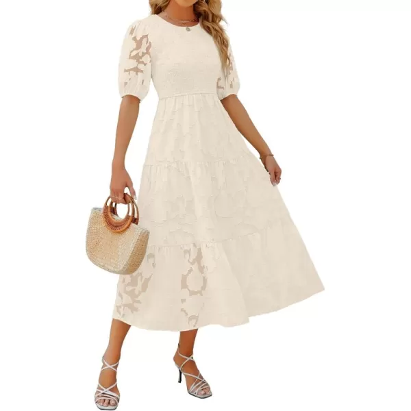 imageZESICA Womens 2024 Summer Short Puff Sleeve Crewneck Smocked Floral Lace Flowy A Line Tiered Maxi DressesBeige