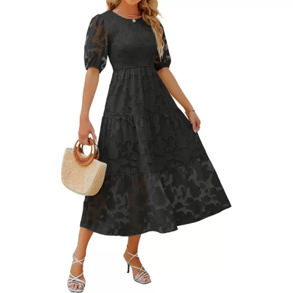 imageZESICA Womens 2024 Summer Short Puff Sleeve Crewneck Smocked Floral Lace Flowy A Line Tiered Maxi DressesBlack