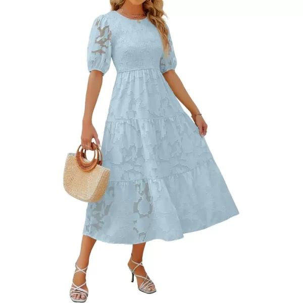 imageZESICA Womens 2024 Summer Short Puff Sleeve Crewneck Smocked Floral Lace Flowy A Line Tiered Maxi DressesBlue