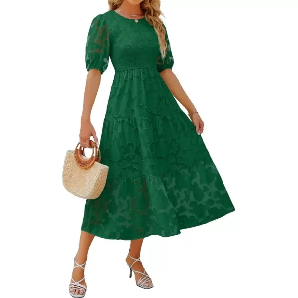 imageZESICA Womens 2024 Summer Short Puff Sleeve Crewneck Smocked Floral Lace Flowy A Line Tiered Maxi DressesDarkgreen