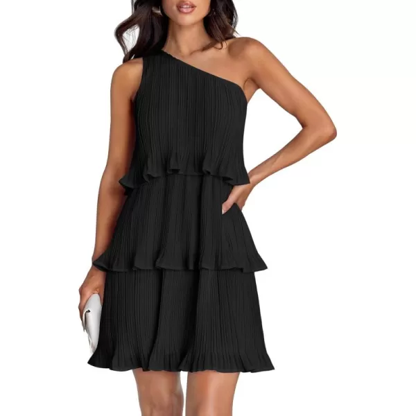 imageZESICA Womens 2024 Summer Sleeveless Mini Dress Boho One Shoulder Ruffle Tiered Layered Chiffon Flowy A Line DressesDarkblack