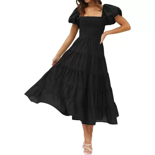 imageZESICA Womens 2024 Summer Square Neck Short Puff Sleeve Solid Color High Waist Casual Smocked Flowy A Line Tiered Midi DressBlack