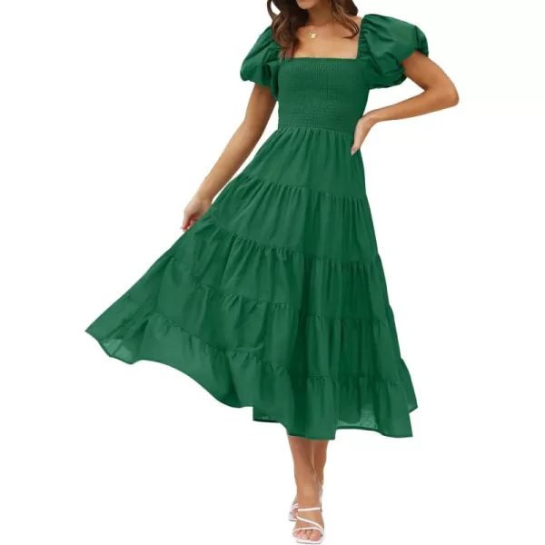 imageZESICA Womens 2024 Summer Square Neck Short Puff Sleeve Solid Color High Waist Casual Smocked Flowy A Line Tiered Midi DressForest Green