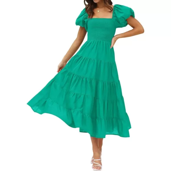 imageZESICA Womens 2024 Summer Square Neck Short Puff Sleeve Solid Color High Waist Casual Smocked Flowy A Line Tiered Midi DressGreen