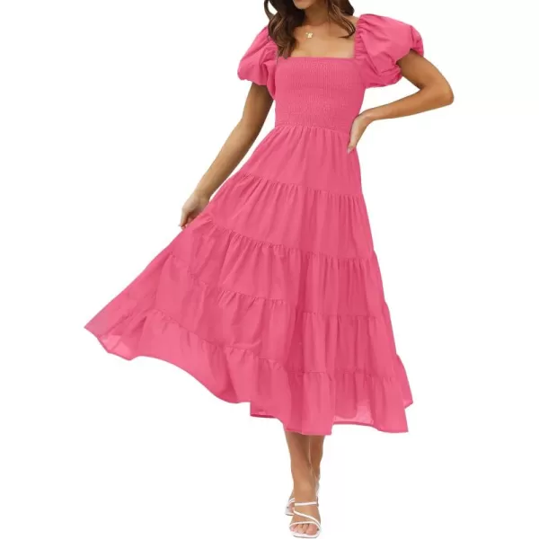 imageZESICA Womens 2024 Summer Square Neck Short Puff Sleeve Solid Color High Waist Casual Smocked Flowy A Line Tiered Midi DressHot Pink