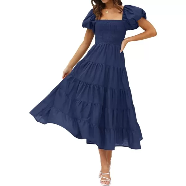 imageZESICA Womens 2024 Summer Square Neck Short Puff Sleeve Solid Color High Waist Casual Smocked Flowy A Line Tiered Midi DressNavy