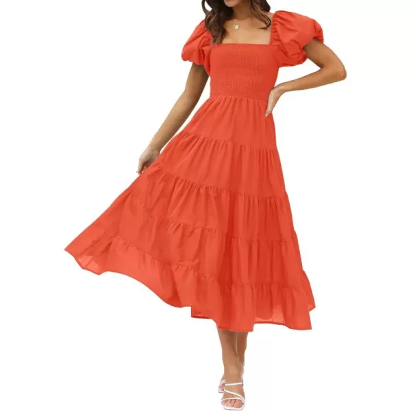imageZESICA Womens 2024 Summer Square Neck Short Puff Sleeve Solid Color High Waist Casual Smocked Flowy A Line Tiered Midi DressOrange