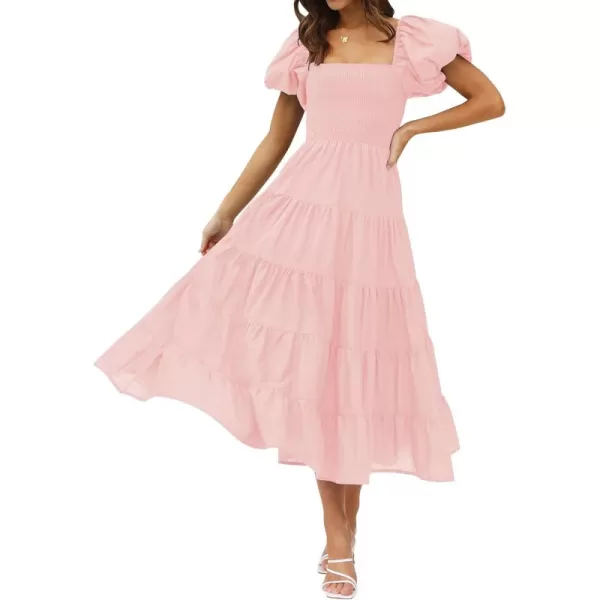 imageZESICA Womens 2024 Summer Square Neck Short Puff Sleeve Solid Color High Waist Casual Smocked Flowy A Line Tiered Midi DressPink