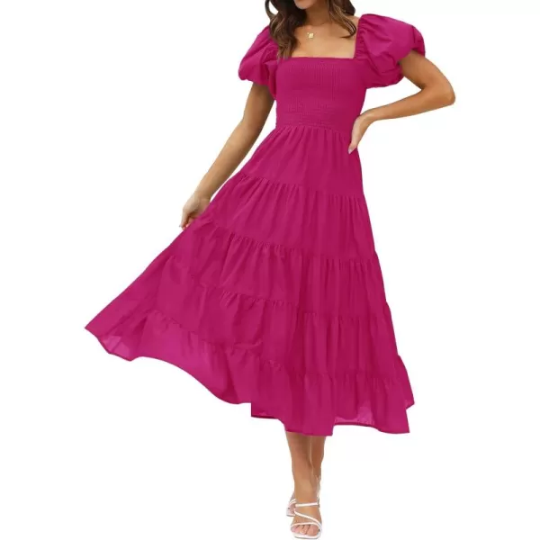 imageZESICA Womens 2024 Summer Square Neck Short Puff Sleeve Solid Color High Waist Casual Smocked Flowy A Line Tiered Midi DressRose