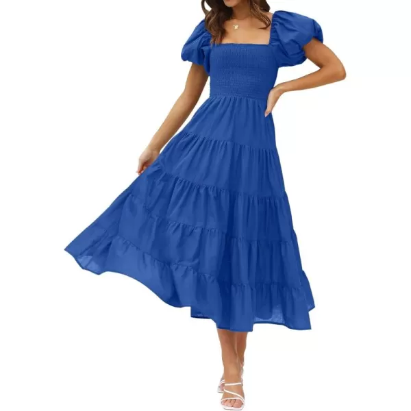 imageZESICA Womens 2024 Summer Square Neck Short Puff Sleeve Solid Color High Waist Casual Smocked Flowy A Line Tiered Midi DressRoyal Blue