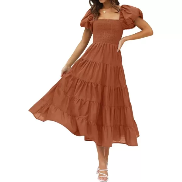 imageZESICA Womens 2024 Summer Square Neck Short Puff Sleeve Solid Color High Waist Casual Smocked Flowy A Line Tiered Midi DressRust