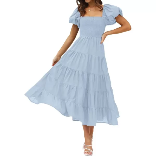 imageZESICA Womens 2024 Summer Square Neck Short Puff Sleeve Solid Color High Waist Casual Smocked Flowy A Line Tiered Midi DressSky Blue