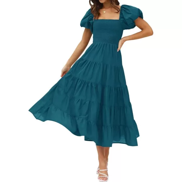 imageZESICA Womens 2024 Summer Square Neck Short Puff Sleeve Solid Color High Waist Casual Smocked Flowy A Line Tiered Midi DressTeal