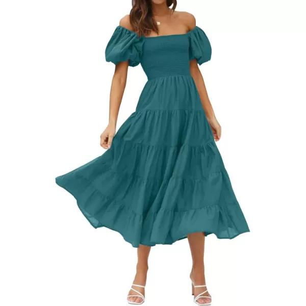 imageZESICA Womens 2024 Summer Square Neck Short Puff Sleeve Solid Color High Waist Casual Smocked Flowy A Line Tiered Midi DressTeal Green