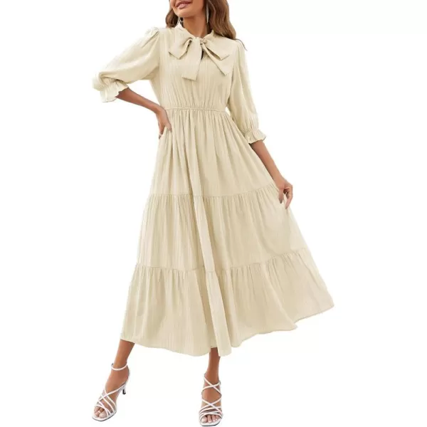 imageZESICA Womens Casual Half Sleeve Tie V Neck Elastic High Waist Solid Color Flowy Tiered A Line Beach Party Maxi DressApricot