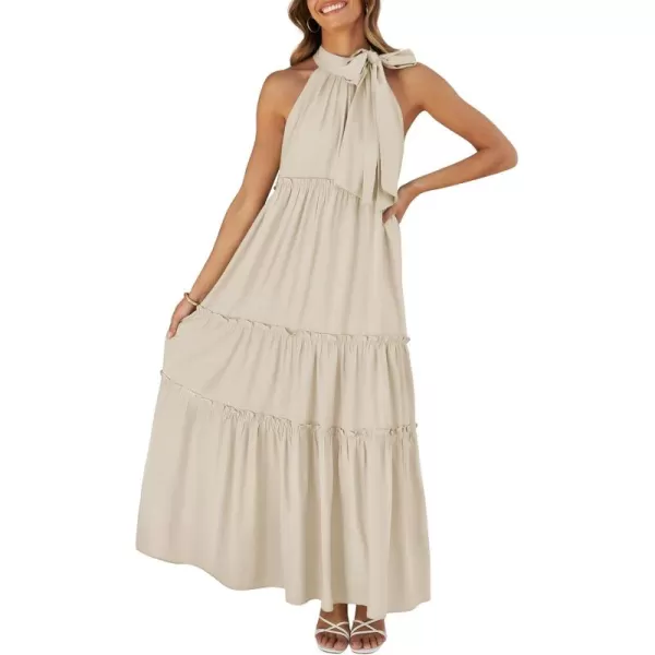imageZESICA Womens Summer Boho Halter Maxi Dresses 2024 Casual Sleeveless Pleated Tiered Flowy Beach Vacation Long DressApricot