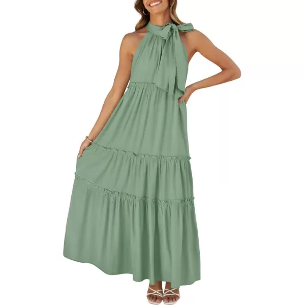 imageZESICA Womens Summer Boho Halter Maxi Dresses 2024 Casual Sleeveless Pleated Tiered Flowy Beach Vacation Long DressSage