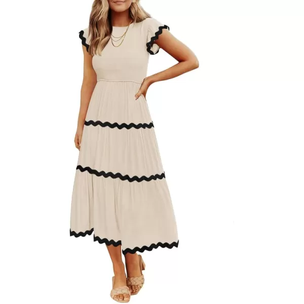 imageZESICA Womens Summer Flutter Short Sleeve Smocked Midi Dress 2024 Casual High Waist Rickrack Tiered Flowy DressesApricot