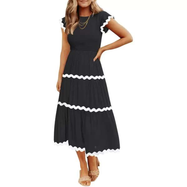 imageZESICA Womens Summer Flutter Short Sleeve Smocked Midi Dress 2024 Casual High Waist Rickrack Tiered Flowy DressesBlack