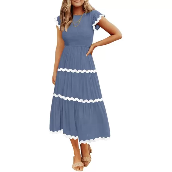 imageZESICA Womens Summer Flutter Short Sleeve Smocked Midi Dress 2024 Casual High Waist Rickrack Tiered Flowy DressesDusty Blue