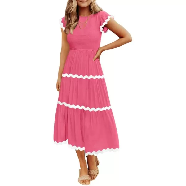 imageZESICA Womens Summer Flutter Short Sleeve Smocked Midi Dress 2024 Casual High Waist Rickrack Tiered Flowy DressesHot Pink