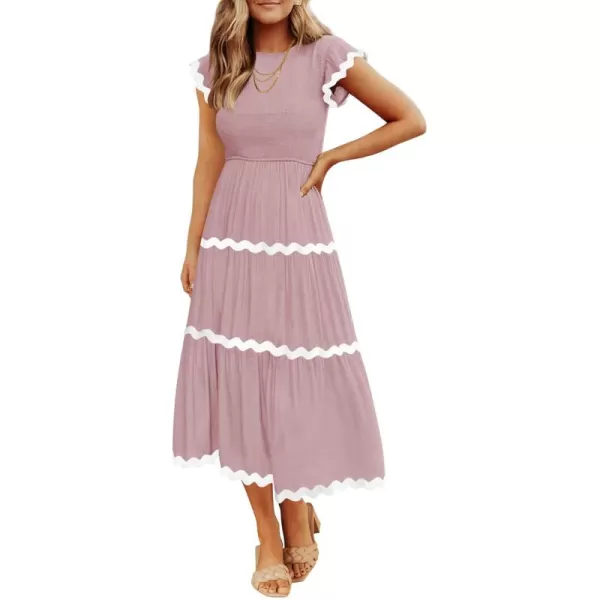 imageZESICA Womens Summer Flutter Short Sleeve Smocked Midi Dress 2024 Casual High Waist Rickrack Tiered Flowy DressesPink