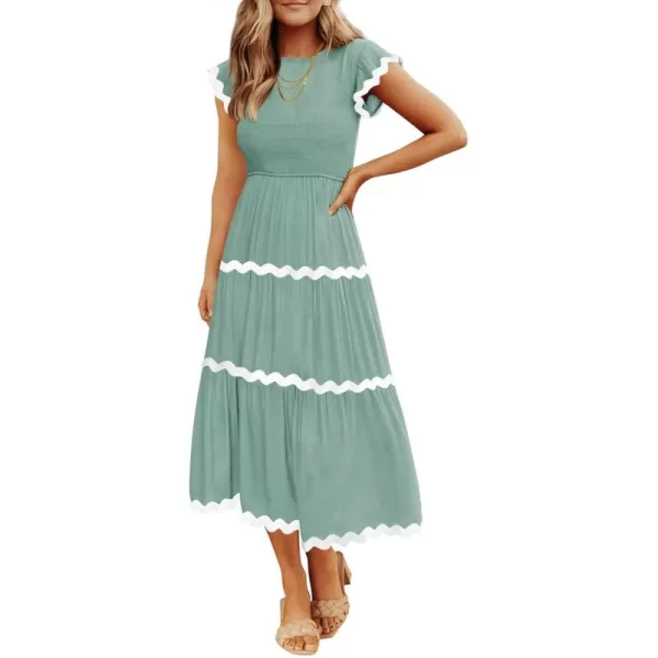 imageZESICA Womens Summer Flutter Short Sleeve Smocked Midi Dress 2024 Casual High Waist Rickrack Tiered Flowy DressesTurquoise