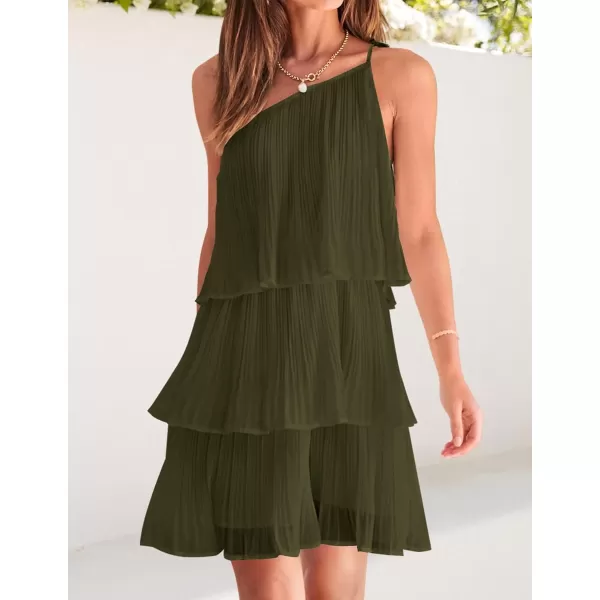 imageZESICA Womens 2024 Boho Summer One Shoulder Sleeveless Ruffle Tiered Layered Chiffon Pleated A Line Flowy Mini DressArmygreen