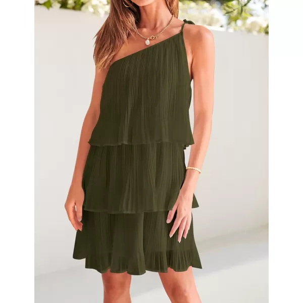imageZESICA Womens 2024 Boho Summer One Shoulder Sleeveless Ruffle Tiered Layered Chiffon Pleated A Line Flowy Mini DressArmygreen