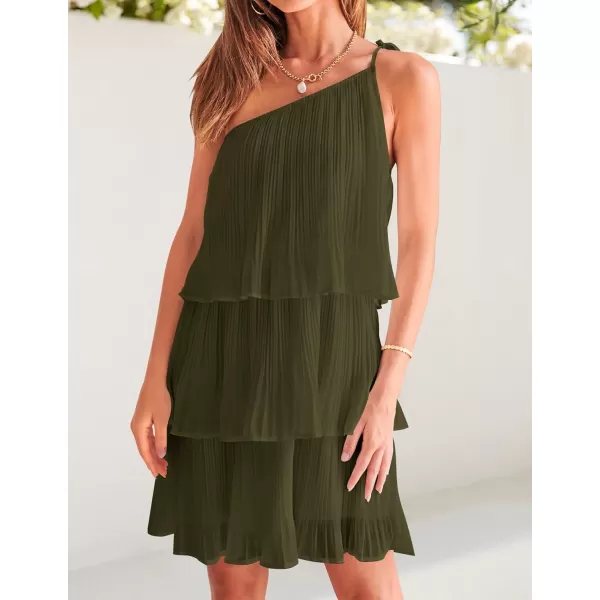 imageZESICA Womens 2024 Boho Summer One Shoulder Sleeveless Ruffle Tiered Layered Chiffon Pleated A Line Flowy Mini DressArmygreen