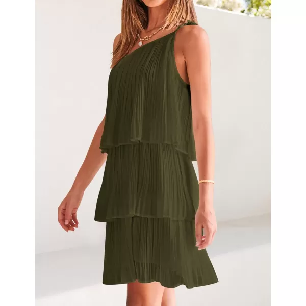 imageZESICA Womens 2024 Boho Summer One Shoulder Sleeveless Ruffle Tiered Layered Chiffon Pleated A Line Flowy Mini DressArmygreen