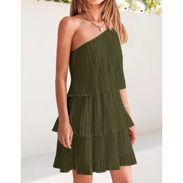 imageZESICA Womens 2024 Boho Summer One Shoulder Sleeveless Ruffle Tiered Layered Chiffon Pleated A Line Flowy Mini DressArmygreen