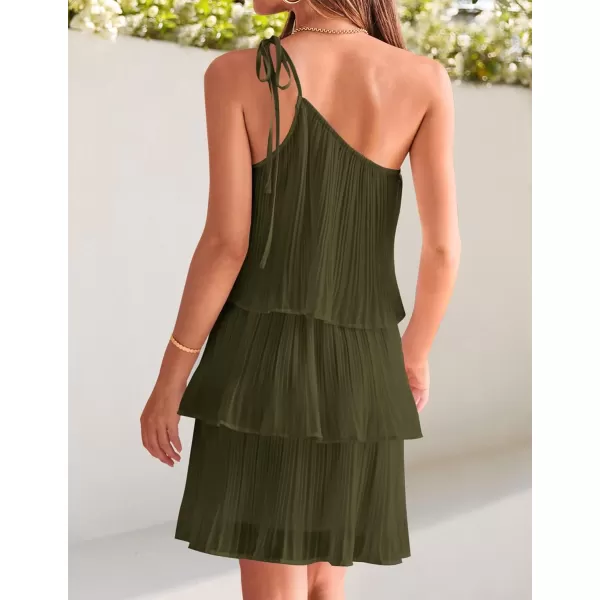 imageZESICA Womens 2024 Boho Summer One Shoulder Sleeveless Ruffle Tiered Layered Chiffon Pleated A Line Flowy Mini DressArmygreen